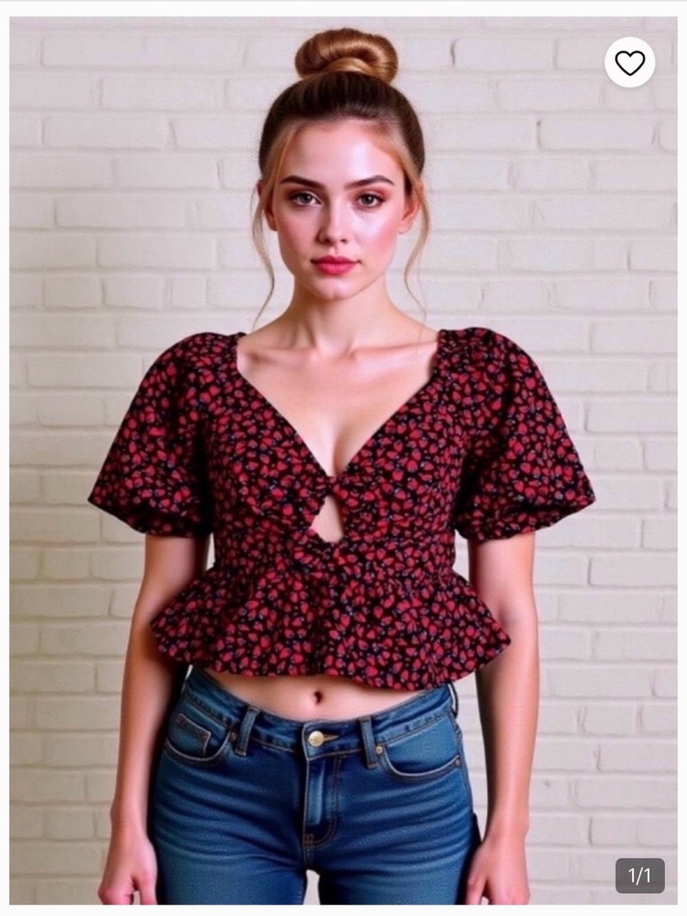 Band of the free Red and Black Puff Sleeve Top Strawberry Print Cotton Size M